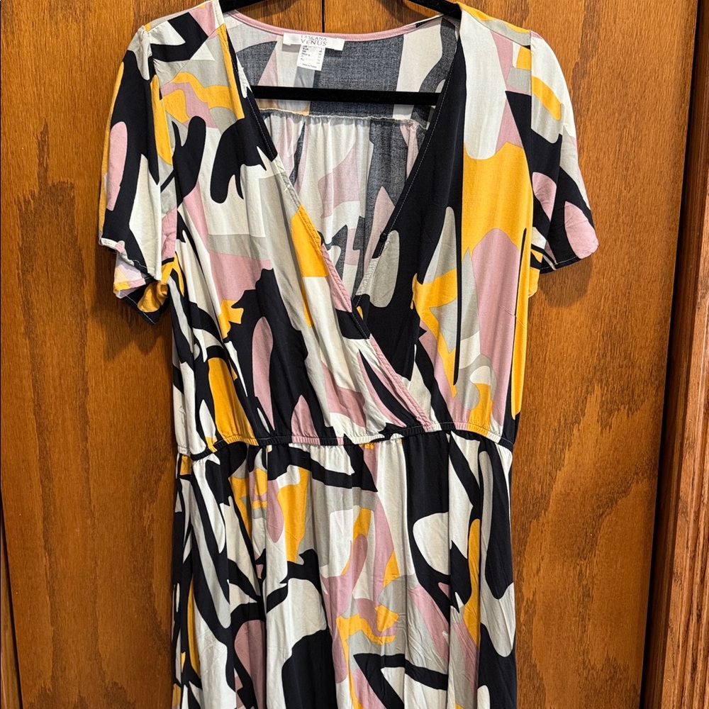 Abstract Print Pink, Mustard & Black Wrap-Front Women's Dress - Picture 3 of 7